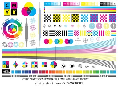 Uma ilustração da folha de calibração de teste de impressão CMYK para impressão de cores precisas