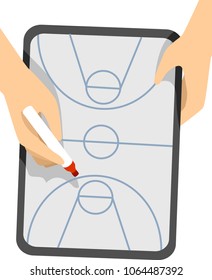 Illustration of a Coach Hands Holding a Basketball Game Plan Board and a Pen