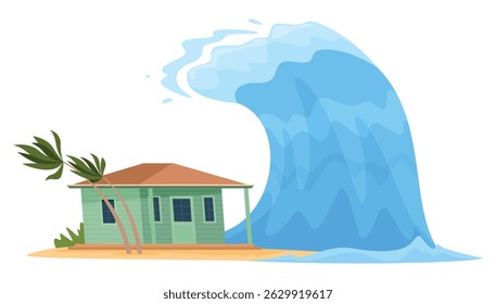 An illustration of a coastal home being hit by a massive tsunami wave, highlighting the destructive power of natural disasters.