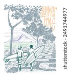 Illustration of coastal landscape of the city of Rio de Janeiro, Brazil, with two surfers walking. Handmade art in simple lines.