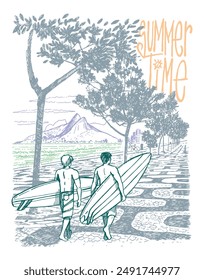 Illustration of coastal landscape of the city of Rio de Janeiro, Brazil, with two surfers walking. Handmade art in simple lines.