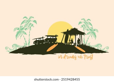 Illustration of a coastal landscape with silhouettes of cars and surfers. Stylized art with simple, uncluttered lines.