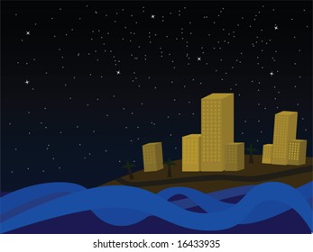 Illustration of coastal town buildings at night, with waves on the foreground and a starry sky
