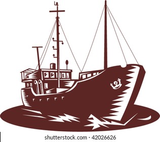 illustration of a Coastal trader boat don e in woodcut style