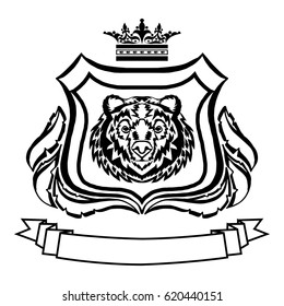 Illustration with coat of arms with bear head.Tattoo design element. Heraldry and logo concept art.