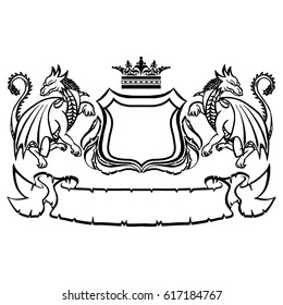 Illustration with coat of arms with dragons.Tattoo design element. Heraldry and logo concept art.