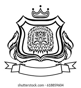 Illustration with coat of arms with eagle head.Tattoo design element. Heraldry and logo concept art.