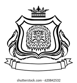 Illustration with coat of arms with eagle head.Tattoo design element. Heraldry and logo concept art.