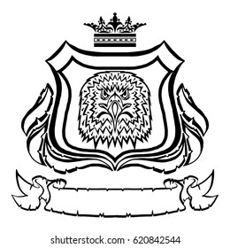 Illustration with coat of arms with eagle head.Tattoo design element. Heraldry and logo concept art.