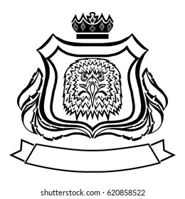 Illustration with coat of arms with eagle head.Tattoo design element. Heraldry and logo concept art.
