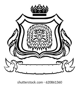 Illustration with coat of arms with eagle head.Tattoo design element. Heraldry and logo concept art.