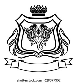 Illustration with coat of arms with elephant head.Tattoo design element. Heraldry and logo concept art.