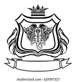 Illustration with coat of arms with elephant head.Tattoo design element. Heraldry and logo concept art.