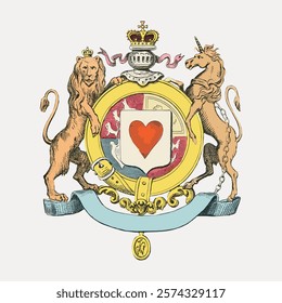 Illustration of coat of arms featuring lion and unicorn. The coat of arms includes heart, crown, and shield. Lion and unicorn flank the shield. Vintage art drawing illustration, painting art vector.