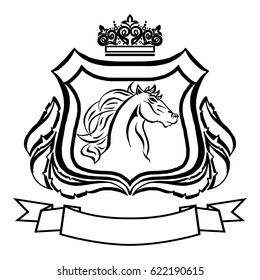 Illustration with coat of arms with horse head.Tattoo design element. Heraldry and logo concept art.