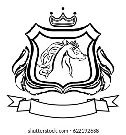 Illustration with coat of arms with horse head.Tattoo design element. Heraldry and logo concept art.