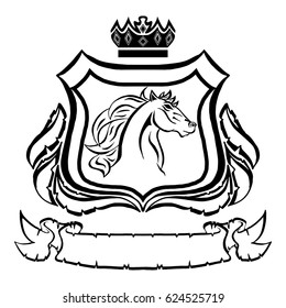 Illustration with coat of arms with horse head.Tattoo design element. Heraldry and logo concept art.