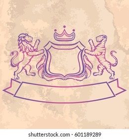 Illustration with coat of arms with lion and tiger on vintage paper.Tattoo design element. Heraldry and logo concept art.