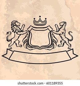 Illustration with coat of arms with lion and tiger on vintage paper.Tattoo design element. Heraldry and logo concept art.