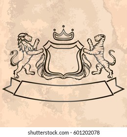 Illustration with coat of arms with lion and tiger on vintage paper.Tattoo design element. Heraldry and logo concept art.