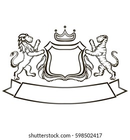 Illustration with coat of arms with lion and tiger.Tattoo design element. Heraldry and logo concept art.