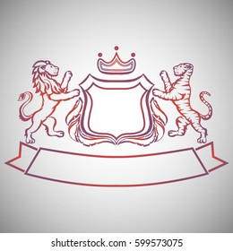 Illustration with coat of arms with lion and tiger.Tattoo design element. Heraldry and logo concept art.