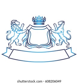 Illustration with coat of arms with lion and tiger.Tattoo design element. Heraldry and logo concept art.