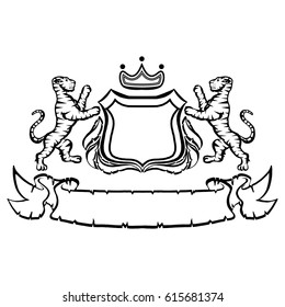 Illustration with coat of arms with tigers.Tattoo design element. Heraldry and logo concept art.