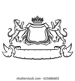 Illustration with coat of arms with tigers.Tattoo design element. Heraldry and logo concept art.
