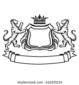 Illustration with coat of arms with tigers.Tattoo design element. Heraldry and logo concept art.