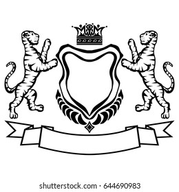 Illustration with coat of arms with tigers.Tattoo design element. Heraldry and logo concept art.