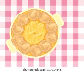 an illustration of a cobbler dessert with delicious fruity peach slices surrounded by home made fluffy scones and thick sauce on a gingham tablecloth