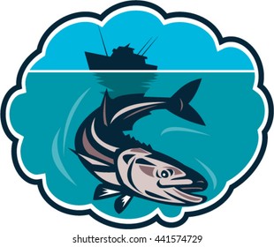 Illustration of cobia (Rachycentron canadum) or black kingfish, black salmon, ling, lemonfish, crabeater, prodigal son, black bonito, aruan tasek achycentron canadum,  with fishing boat retro style. 