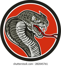 Illustration of a cobra viper snake serpent showing fangs and forked tongue, viewed from side, set inside circle, done in retro style.