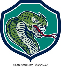 Illustration of a cobra viper snake serpent showing fangs and forked tongue, viewed from side, set inside shield crest, done in retro style.