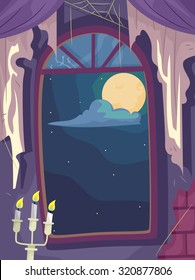 Illustration of a Cobweb Filled Haunted House with the Full Moon Visible from the Window