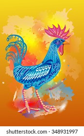 illustration of cock. Blue cock on the colorfull background