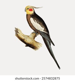 Illustration of a cockatiel on a branch. Cockatiel with yellow crest, red cheeks. Bird perched on branch. Cockatiel, branch, bird, illustration. Vintage animal illustration isolated on white, vector.