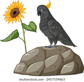 Illustration of a cockatoo beside a blooming sunflower.