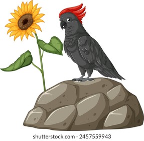 Illustration of a cockatoo perched on a rocky outcrop.