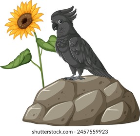 Illustration of a cockatoo with a sunflower on a rock.