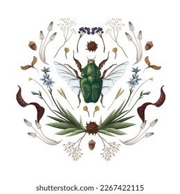 Illustration with  cockchafer, berries and dried branches. Vector