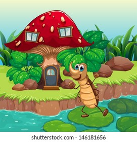 Illustration of a cockroach dancing in front of a mushroom house 