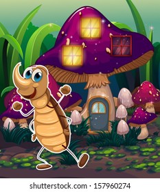 Illustration of a cockroach near the violet mushroom house