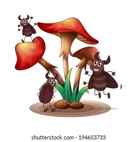 Illustration of the cockroaches playing with the mushroom plant on a white background