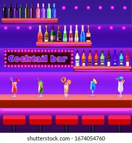 Illustration of a cocktail bar with a bar counter with cocktails and shelves with bottles of liquor.