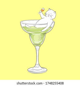 Illustration of cocktail with cat. 
Tipsy cat party in the cocktail glass. Abstract isolated design element. Drawing for  menu, cocktail party, greeting card, print, textile 