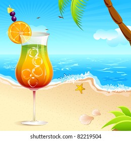 illustration of cocktail glass kept on sea beach