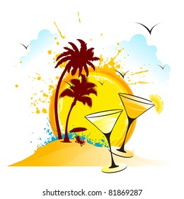 illustration of cocktail glasses on beach background with palm tree