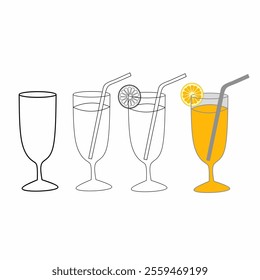 Illustration of cocktail glasses with straws and orange slices, featuring one colored glass with juice. Perfect for beverage, summer, bar, and drink-themed designs.